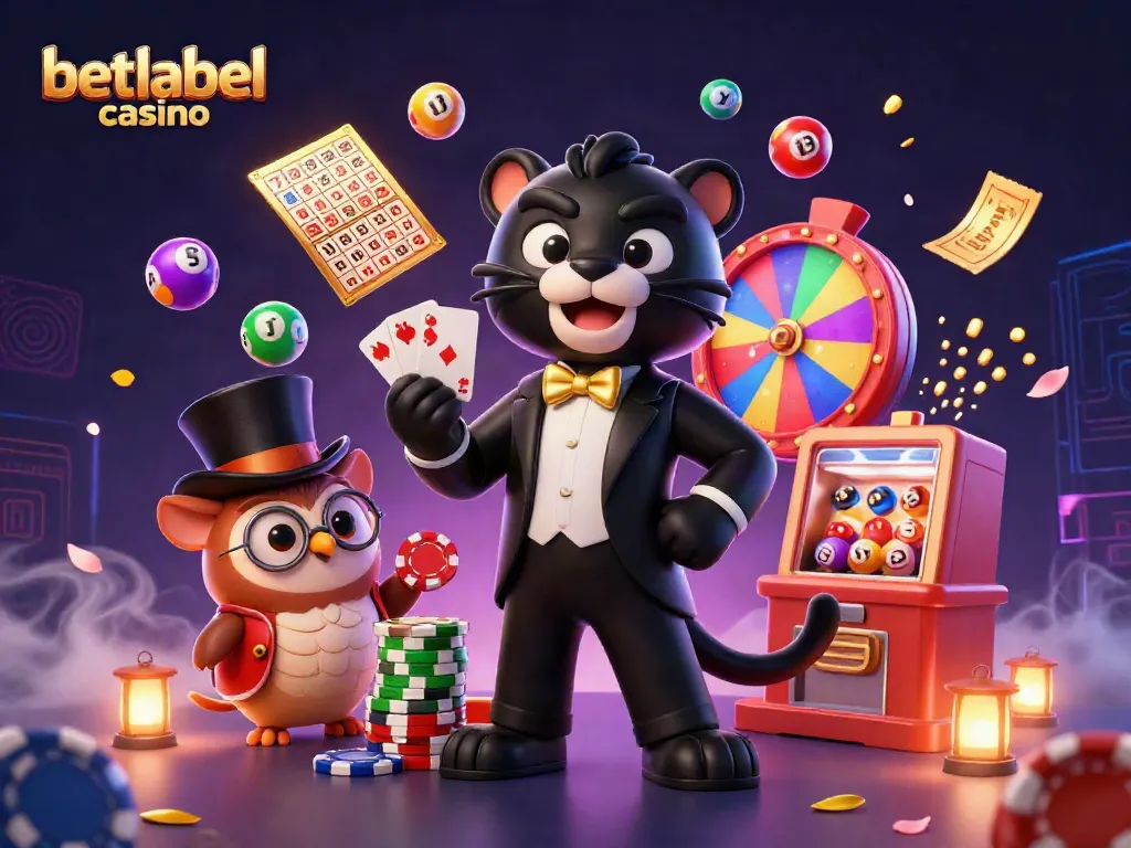 Experience the excitement of betlabel casino with a stylish panther dealing cards amidst vibrant gaming elements.