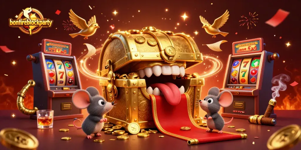 Spin to win at the bonfireblockparty with vibrant slot machines and treasure riches!