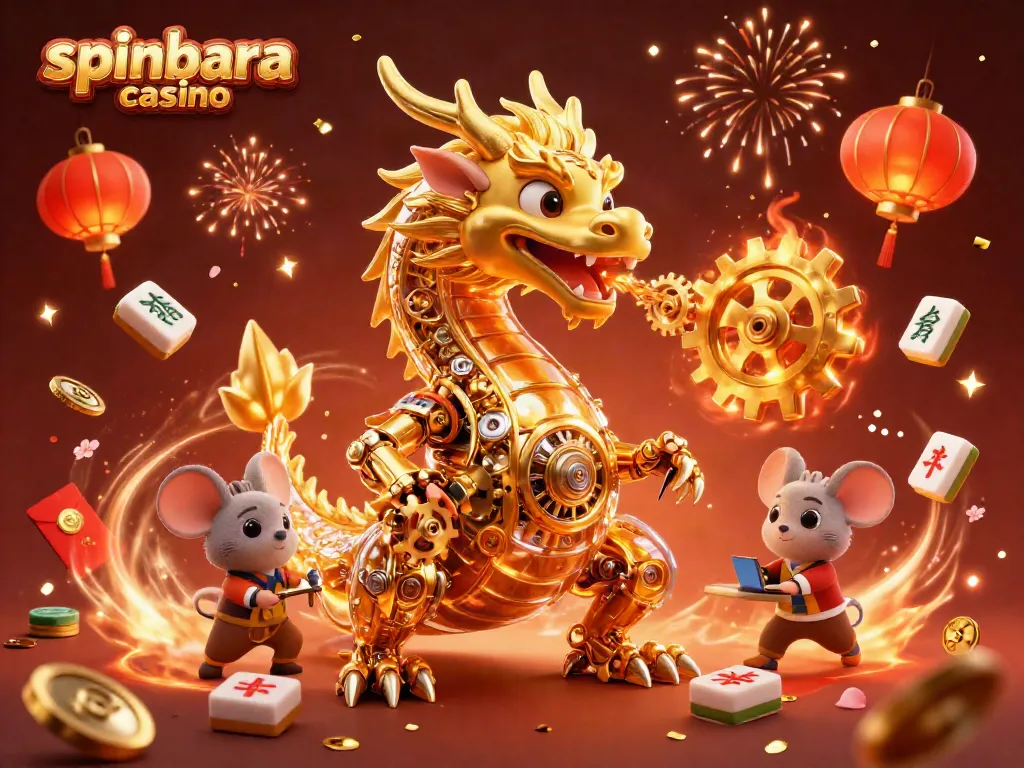 Engage with spinbara casino's immersive gaming experience featuring stunning golden dragon and vibrant game elements.
