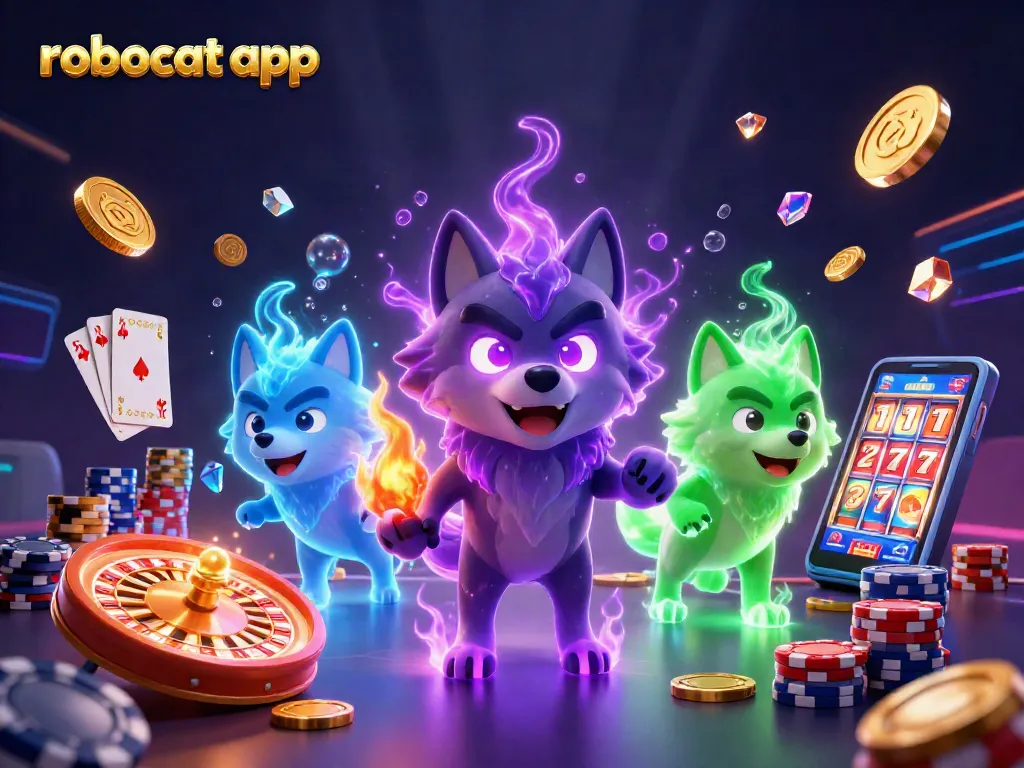 Experience the thrill of the robocat app with a vibrant casino scene featuring ghostly wolves and dynamic game elements.