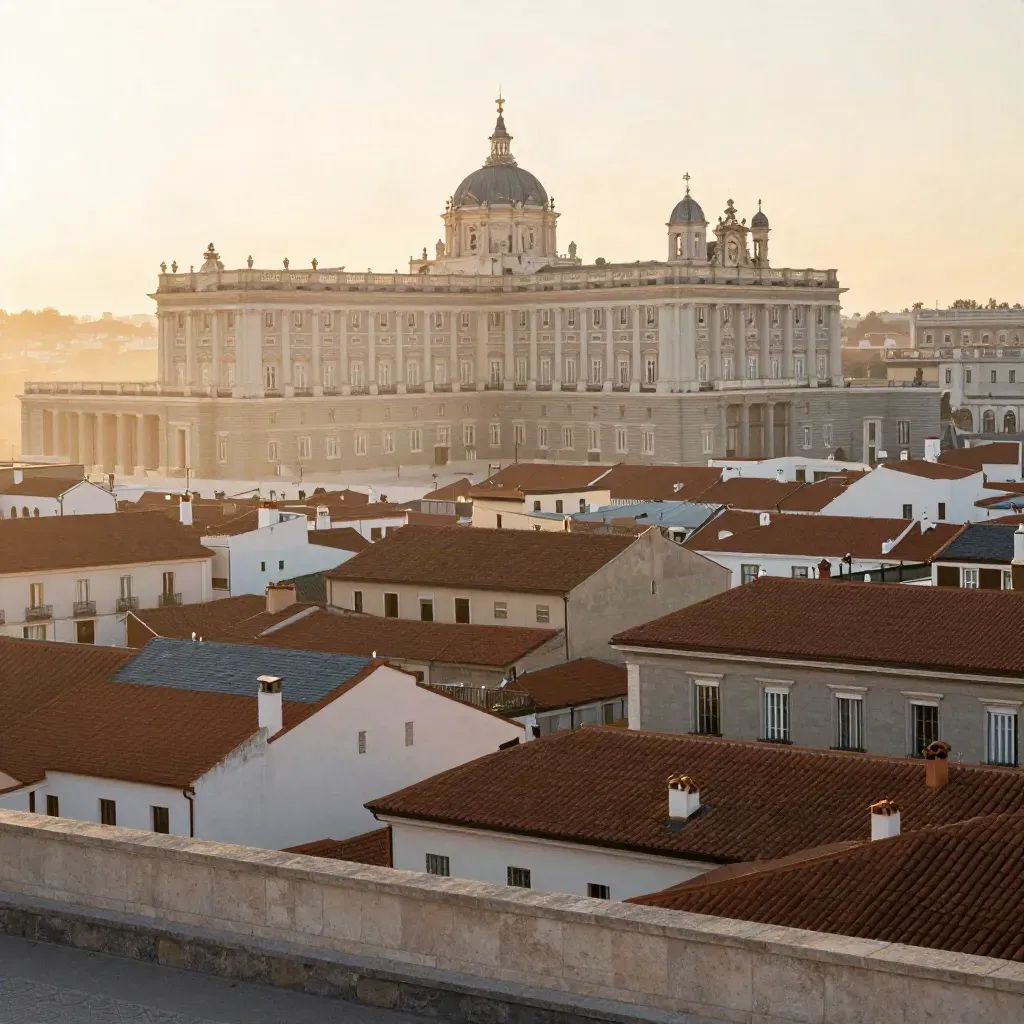 Vista aérea cálida de Madrid con Palacio Real y Almudena entre azoteas y neblina dorada
