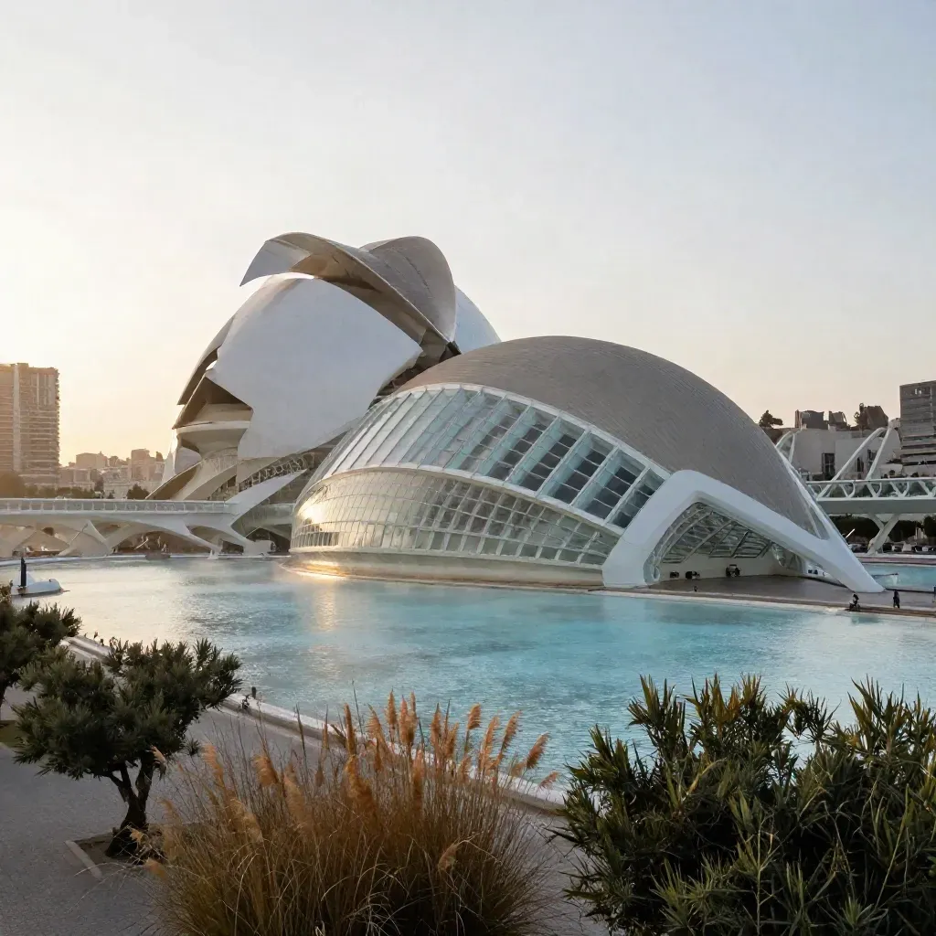 Valencia con la Ciudad de las Artes y las Ciencias sobre el Turia al atardecer.