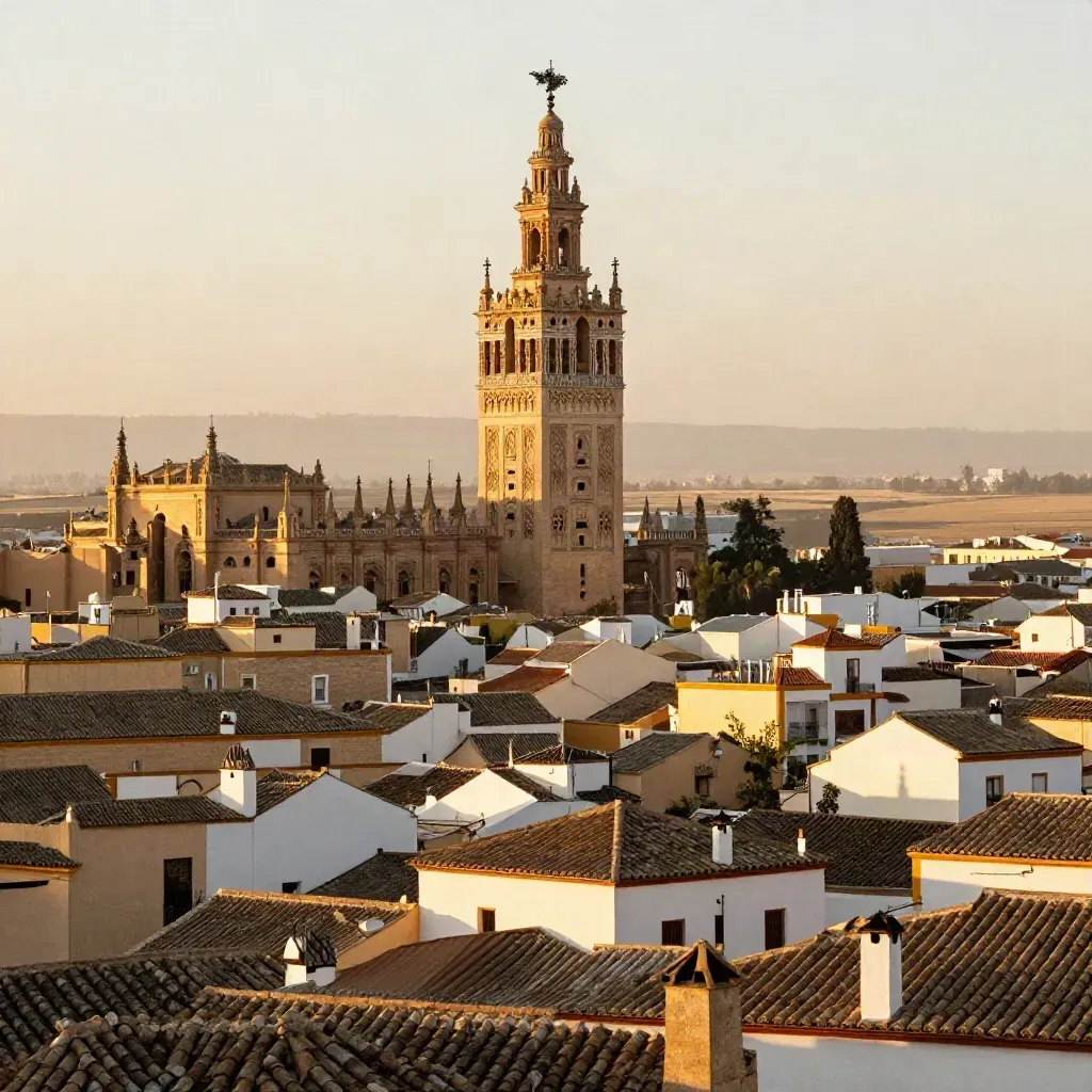 Panorámica cálida de Sevilla con la Giralda y tejados de piedra, fondo suave para texto.
