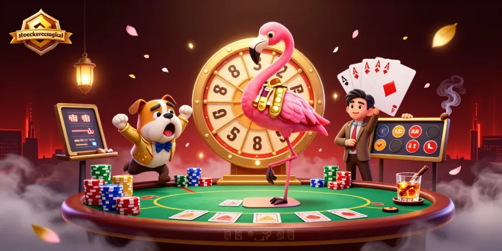 Stoeckerecological brings excitement to poker with a flamingo host, bulldog contestant, and vibrant chips.